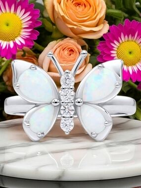Sterling Silver White Opal Butterfly Ring